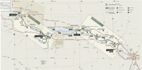 Map of the Missouri National Recreational River, highlighting parks, trails, and key features in South Dakota and Nebraska.