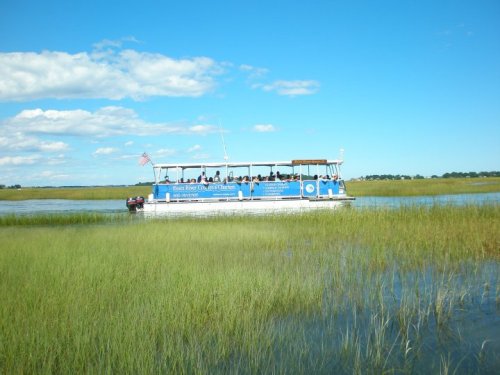 A blue tour boat with passengers navigates through a grassy marsh under a bright blue sky with scattered clouds.