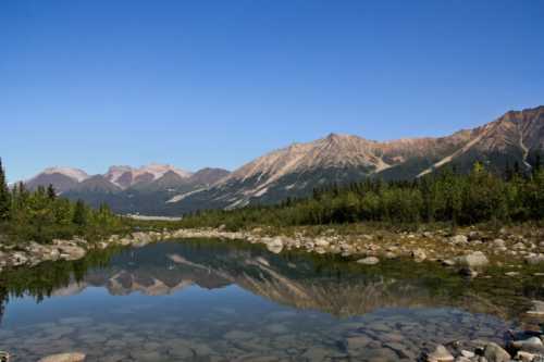 A serene landscape featuring a clear river reflecting mountains and a blue sky, surrounded by lush greenery.