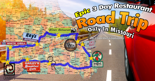 Map of Missouri highlighting an "Epic 3 Day Restaurant Road Trip" with various restaurant logos and a scenic road.