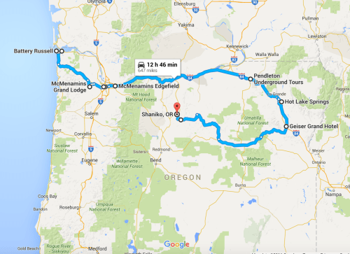 Map showing a route in Oregon, highlighting locations like Battery Russell, Shaniko, and Pendleton Underground Tours.