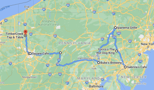 Map showing a route through Pennsylvania with marked locations: TimberCreek Tap & Table, Ipanema Grille, and more.