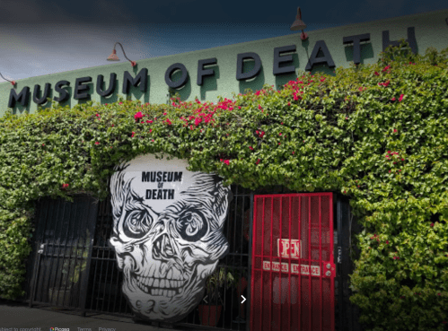 Exterior of the Museum of Death, featuring a large skull mural and vibrant flowers, with an open sign on the gate.