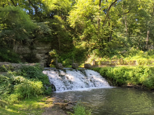 A serene waterfall cascades over rocks into a calm pond, surrounded by lush greenery and trees.