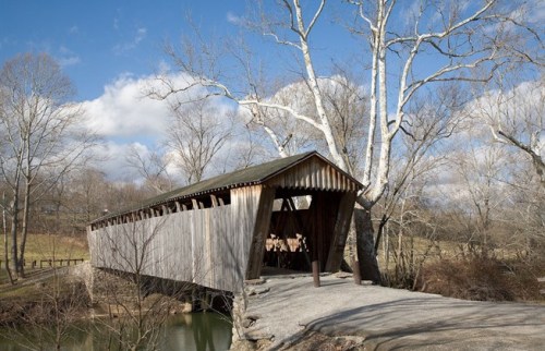 A wooden covered bridge spans a calm stream, surrounded by bare trees and a clear blue sky.