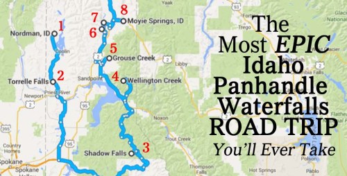 Map highlighting a road trip route through Idaho's Panhandle, featuring notable waterfalls and scenic stops.