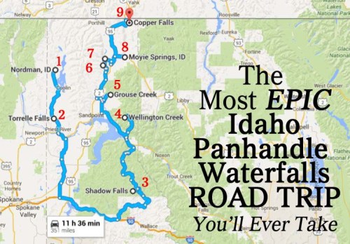 Map highlighting a scenic road trip route through Idaho's Panhandle, featuring notable waterfalls and travel time.