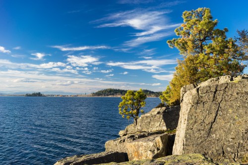 A rocky shoreline with a tree, overlooking a calm blue lake under a clear sky with scattered clouds.