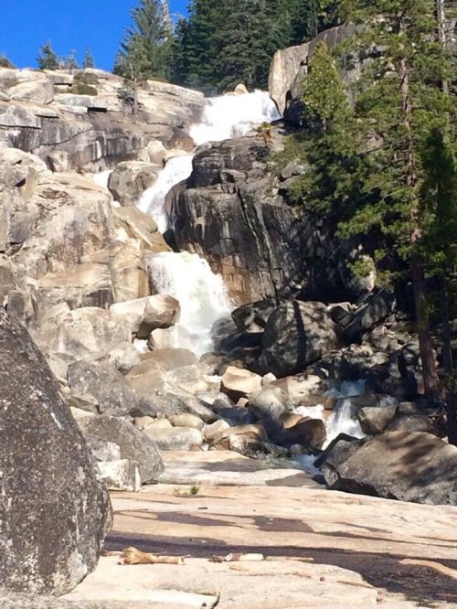 A cascading waterfall flows over rocky terrain, surrounded by tall trees and a clear blue sky.