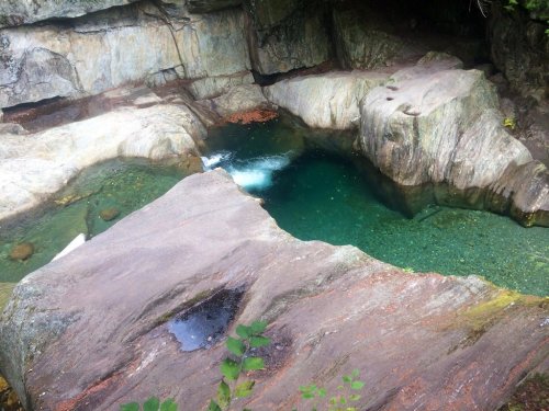 A serene natural pool surrounded by smooth, rocky terrain and lush greenery, with clear blue water reflecting sunlight.