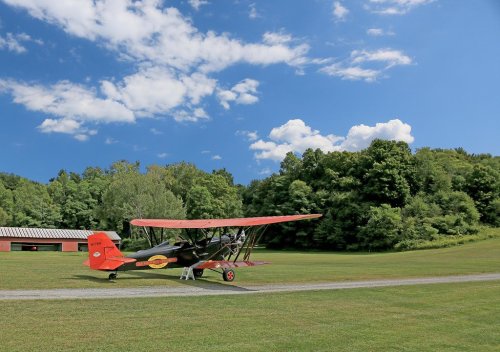 A vintage biplane with a red and black design parked on a grassy field, surrounded by trees and a blue sky.