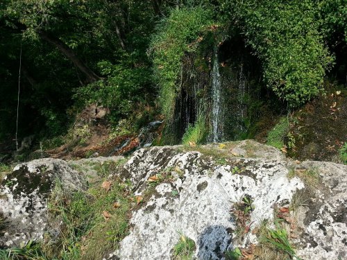 A serene waterfall cascading over rocks, surrounded by lush greenery and moss.