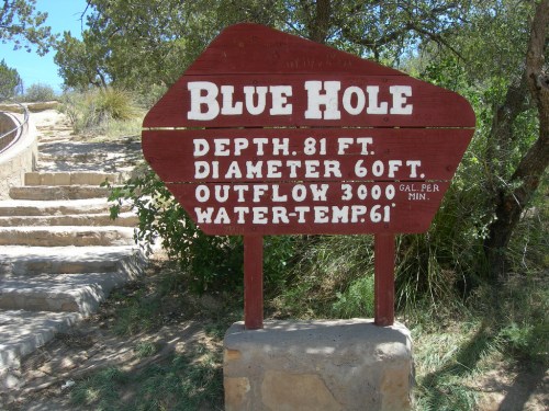 Sign for Blue Hole with details: depth 81 ft, diameter 60 ft, outflow 3000 gal/min, water temp 61°F, surrounded by trees.