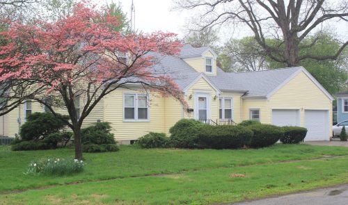 A yellow house with a gray roof, surrounded by green grass and a pink flowering tree in the front yard.