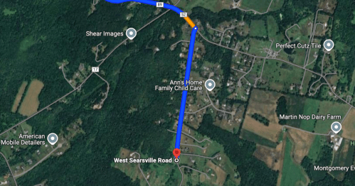 Map showing a route to West Searsville Road, with nearby landmarks and roads labeled.