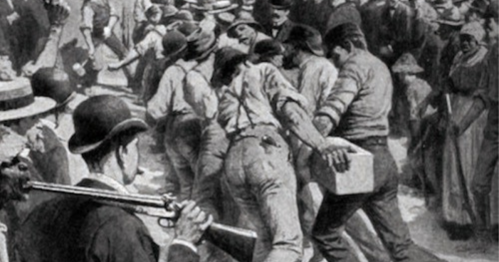 Historical scene depicting a crowd with men in period clothing, some holding boxes, and a figure with a rifle in the foreground.