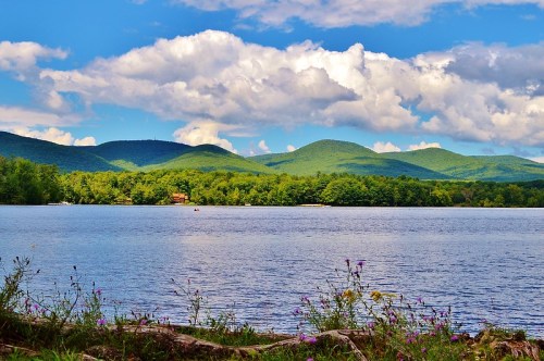 A serene lake surrounded by lush green mountains and vibrant clouds, with wildflowers in the foreground.