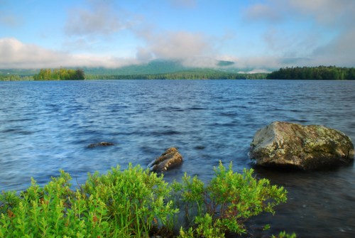 A serene lake scene with gentle waves, rocky shore, and lush greenery under a blue sky with wispy clouds.