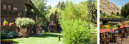 Lush green garden with a gazebo, flowers, and a river view, alongside a cozy outdoor dining area.