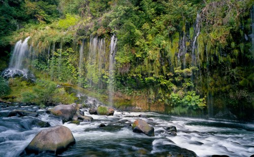 A serene waterfall cascades over moss-covered rocks into a flowing river, surrounded by lush greenery.