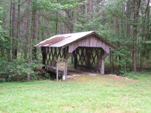 A rustic wooden covered bridge surrounded by lush green trees in a serene forest setting.