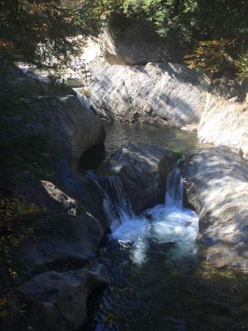 A serene waterfall cascades over smooth rocks into a clear pool, surrounded by lush greenery.