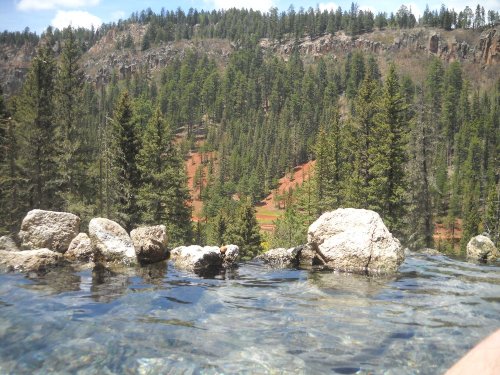 A serene view from a hot spring, featuring clear water, rocks, and a backdrop of lush green trees and mountains.