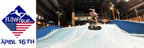 A surfer performs a trick on a flowboard in an indoor water park, with event details on the left.