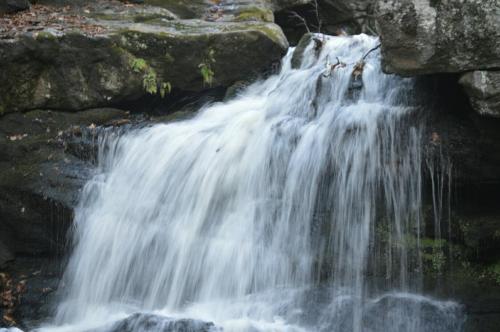 A serene waterfall cascading over rocks, surrounded by moss and greenery.