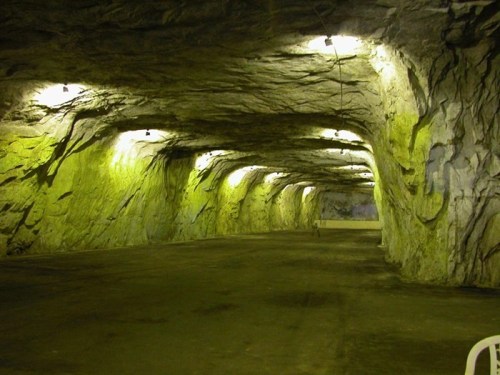 A dimly lit underground tunnel with rocky walls and green moss, featuring overhead lights illuminating the space.