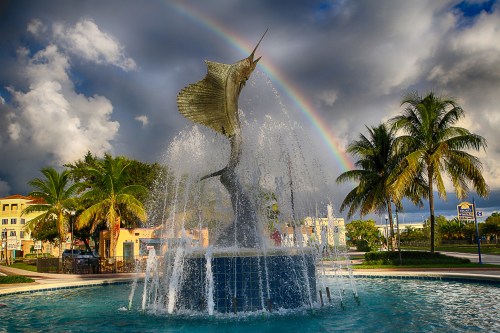 A fountain featuring a fish sculpture, with a rainbow in the sky and palm trees surrounding the area.