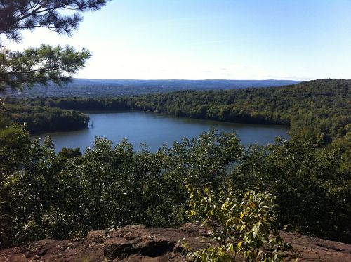 A serene lake surrounded by lush green trees, viewed from a rocky overlook under a clear blue sky.