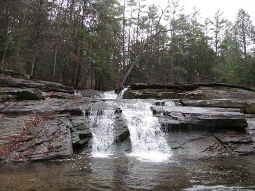 A serene waterfall cascading over rocky terrain, surrounded by lush green trees in a tranquil forest setting.