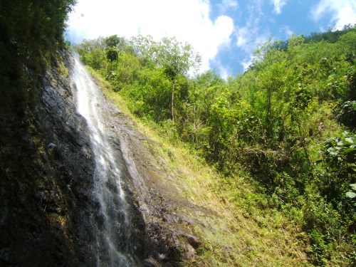 A cascading waterfall flows down a rocky cliff, surrounded by lush greenery and a bright blue sky.