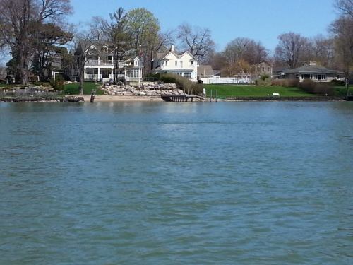 A serene lake view featuring houses along the shore and lush greenery under a clear blue sky.