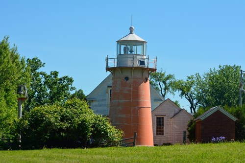 A pink lighthouse stands tall against a clear blue sky, surrounded by greenery and a few buildings.