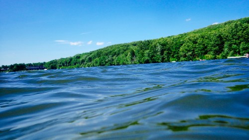 A serene lake view with gentle waves and lush green trees lining the shore under a clear blue sky.