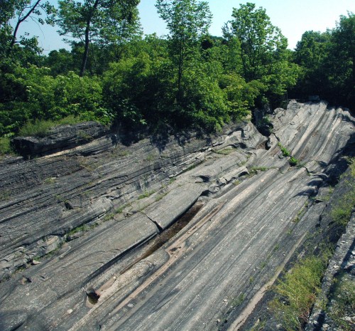 A rocky landscape with smooth, sloping surfaces and lush greenery surrounding the area.