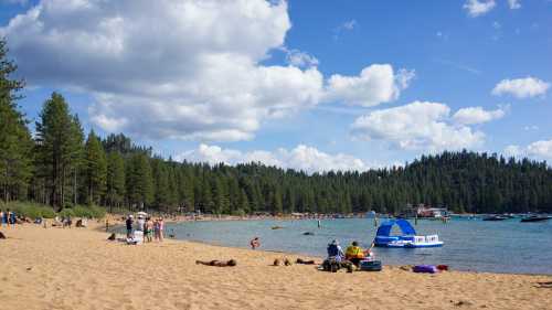 A sandy beach with people enjoying the sun, surrounded by trees and a calm lake with boats in the distance.