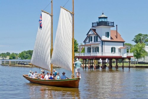 A sailboat with passengers glides past a historic lighthouse on a calm river under a clear blue sky.