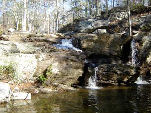 A serene waterfall cascading over rocky terrain into a calm pool, surrounded by trees and natural scenery.