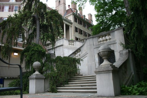 A grand staircase surrounded by lush greenery, leading to a historic building with multiple stories.