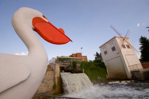 A large, colorful duck sculpture overlooks a waterfall and a building with a windmill in the background.