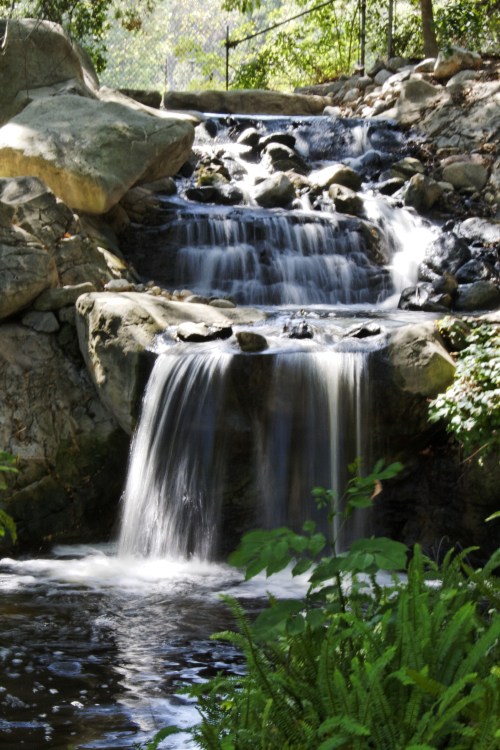 A serene waterfall cascading over rocks into a calm pool, surrounded by lush greenery.