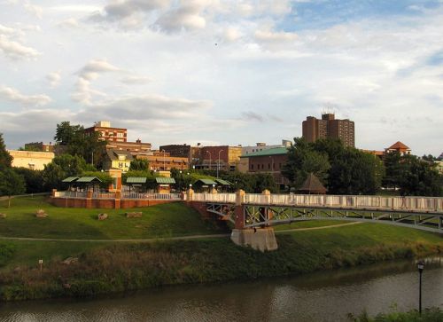 A scenic view of a city skyline with a river, park, and bridge under a partly cloudy sky.