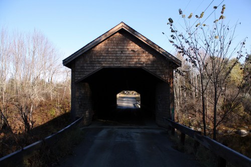 A wooden covered bridge with a dark entrance, surrounded by trees and a clear blue sky.