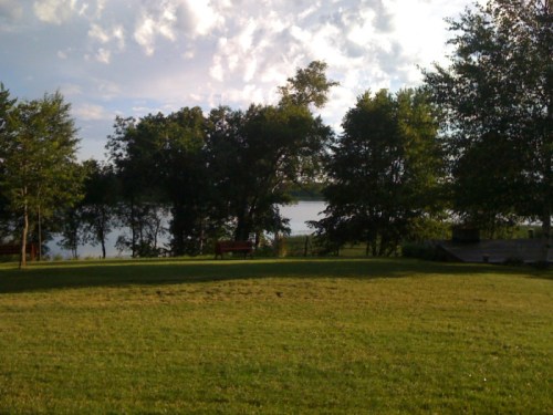 A serene landscape featuring a grassy area, trees, and a calm lake under a partly cloudy sky.