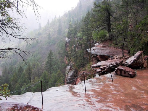 A misty landscape with rocky cliffs and lush green trees, featuring a safety railing along a wet path.