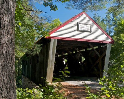A green and white covered bridge with a red roof, surrounded by trees and foliage on a sunny day.