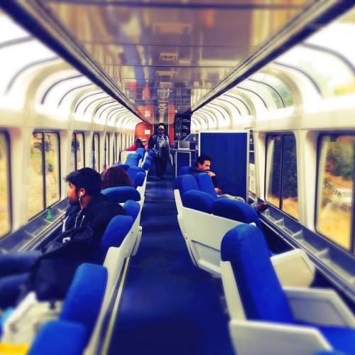 Interior of a train car with blue seats, passengers sitting and standing, and large windows showing a scenic view outside.